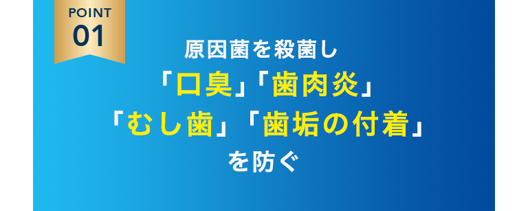 POINT1 原因菌を殺菌し｢口臭｣「歯肉炎｣「むし歯」｢歯垢の付着｣を防ぐ